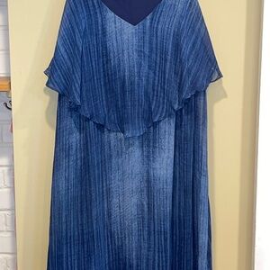 Blue Maxi Dress with Pleated Ruffles and Flutter Sleeves